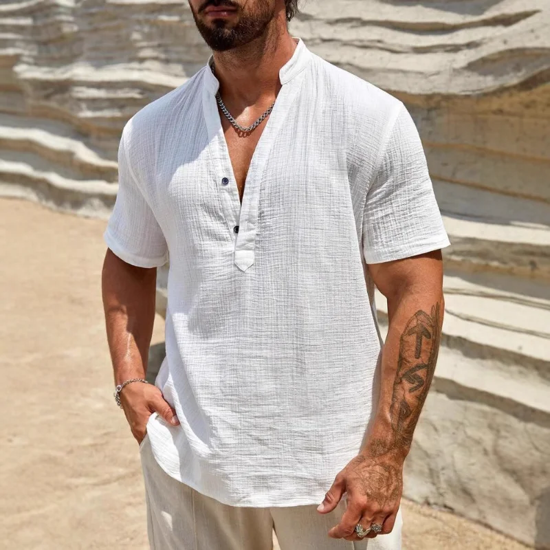 

Men's Linen Blend Henley Shirt Short Sleeve V Neck Casual Summer Beach Top