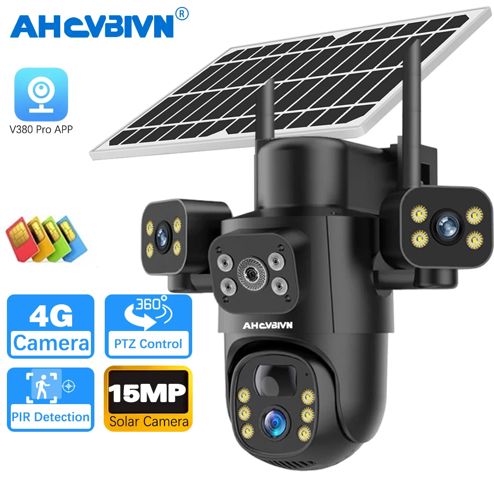 

AHCVBIVN 4G Solar PTZ Camera 10X Optical Zoom Three Lens Three Screen 15MP Outdoor Security Camera PIR Human Detection V380 Pro