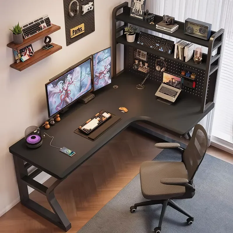Solid Rubber Wood L-shaped E-sports Computer Desk with Integrated Bookshelf and Office