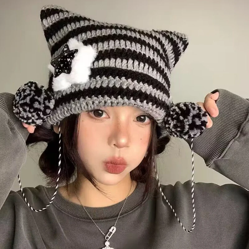 Cute Ears Striped Knitted Protective Hoodie Female Ear Protector Knitted Hat