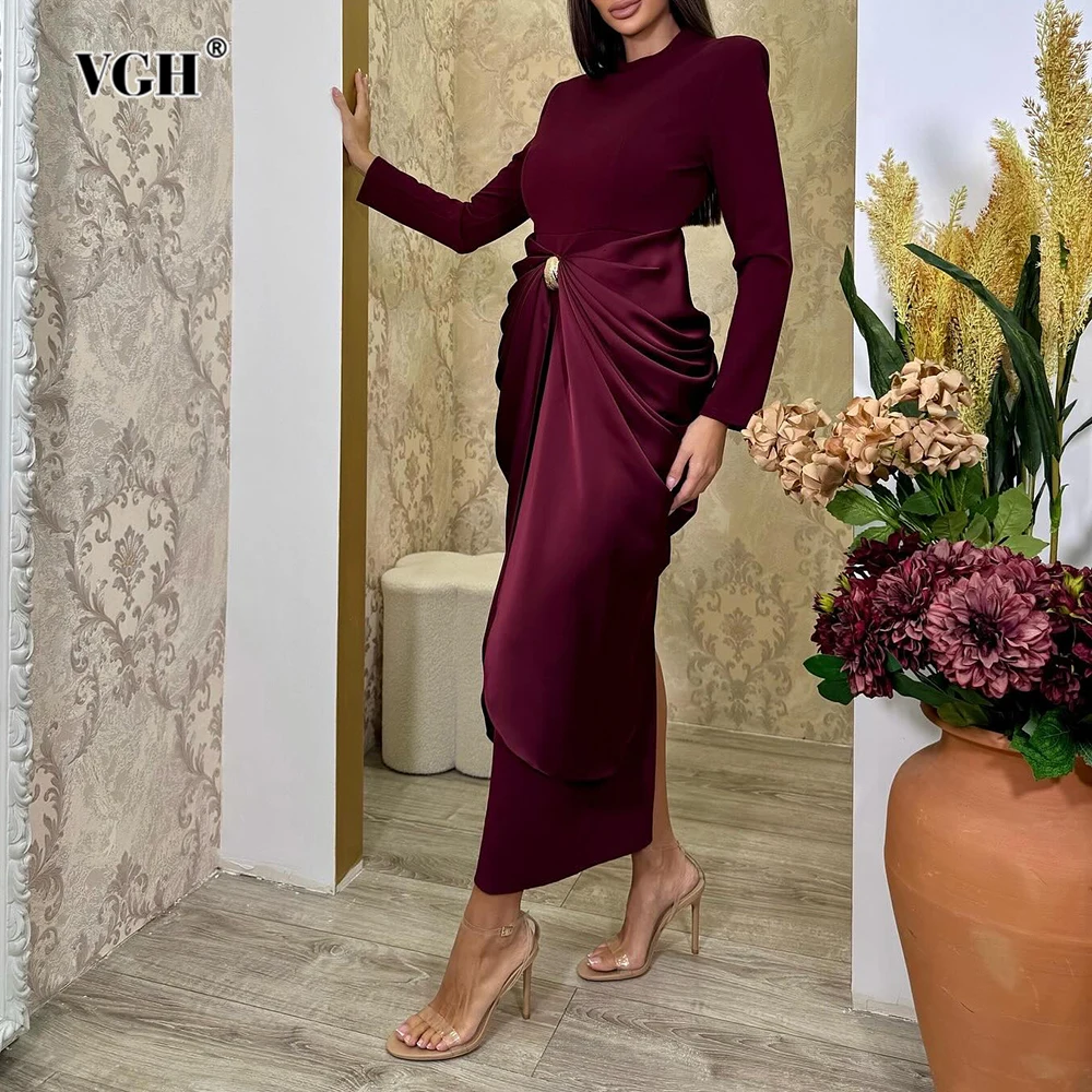 

VGH Sexy Evening Party Black Color Midi Dress for Women O Neck Long Sleeve Pachwork Metal Buckle Folds Bodycon Dresses Female