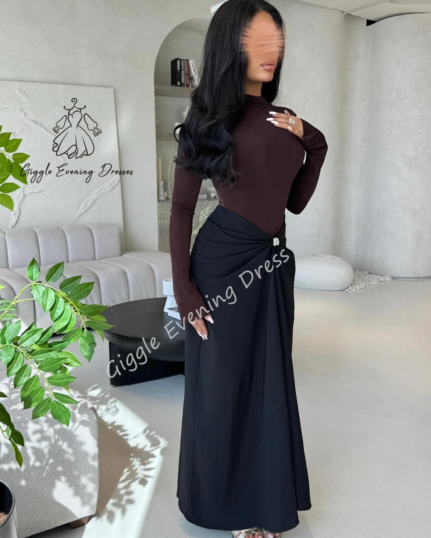 Giggle ที่กําหนดเองแฟชั่นคอยาวแขนยาวกระชับสัดส่วนเอวสูง Patchwork พับกระโปรงหญิงใหม่ชุดราตรีสีดํา