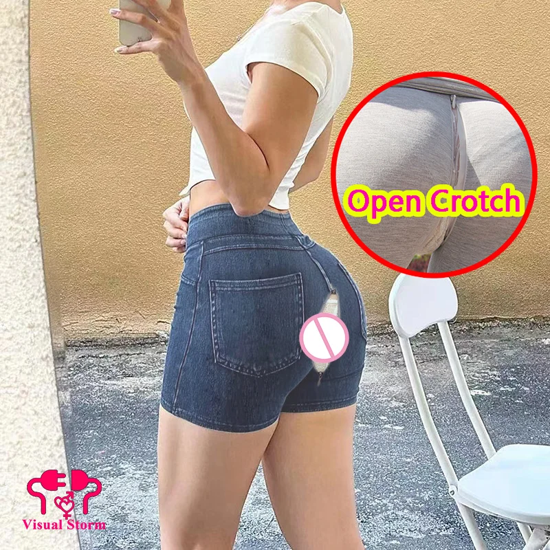 Women Open Crotch Pants Short Jeans Hidden Three Zippers Crotchless Mini Hot Shorts Push Up Clubwear Skin Cloth Couple Lovers