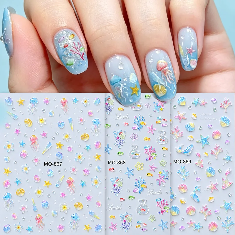 3pcs Summer Ocean 3D Nail Stickers Set Cute Jellyfish Shell Tiny Fish Coral Tail Conch Starfish Plumeria Seaside Nail Decals