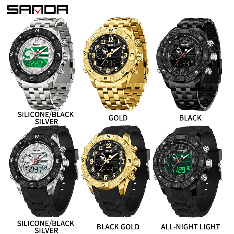 SANDA Top Men Quartz Watch Military Sport Waterproof Wristwatch LED Digital Clock Stainless Steel Quartz Watches Men Relogios