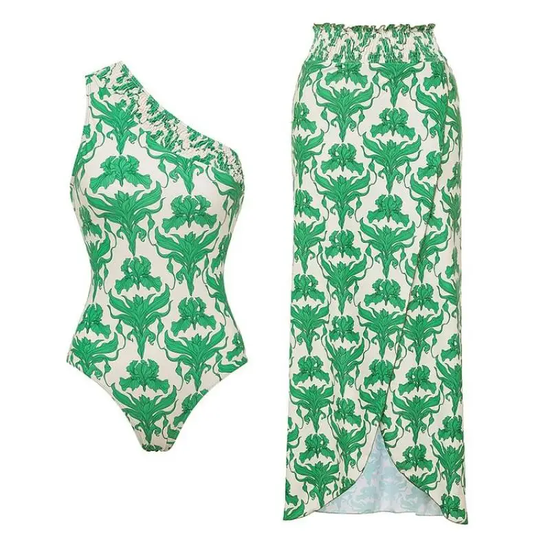 

Flaxmaker Summer Swimsuit Sets 2025 Women Sexy One Shoulder Retro Printed Shirring Iris Print One Piece Swimsuit and Skirt