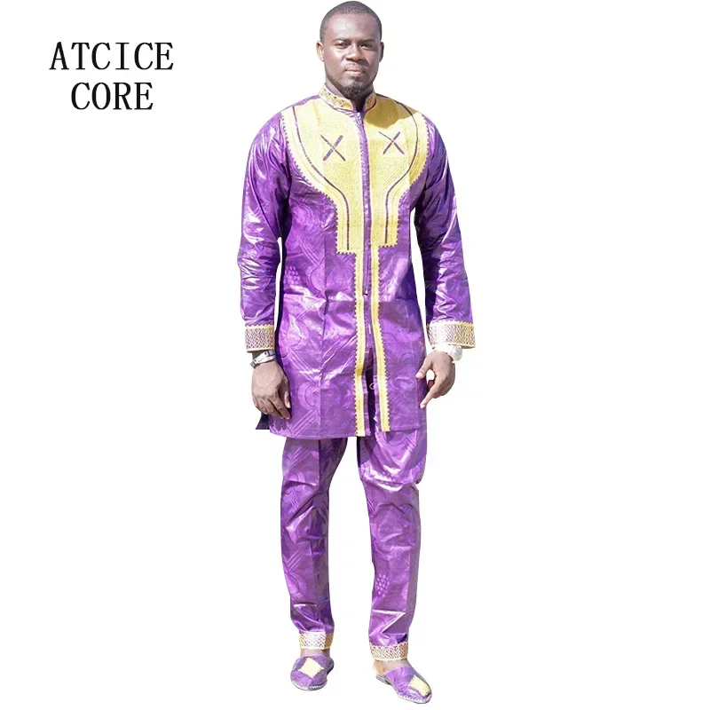 

African Traditional Man Suit Bazin Riche Embroidery Design Dress One Top One Pants Without Shoes