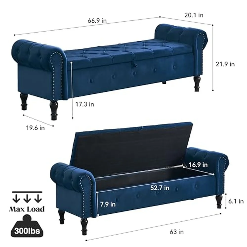 Velvet Storage Bench 67 Inch Upholstered Tufted Ottoman Bench with Arms Large Storage Space King Size End of Bed Bench