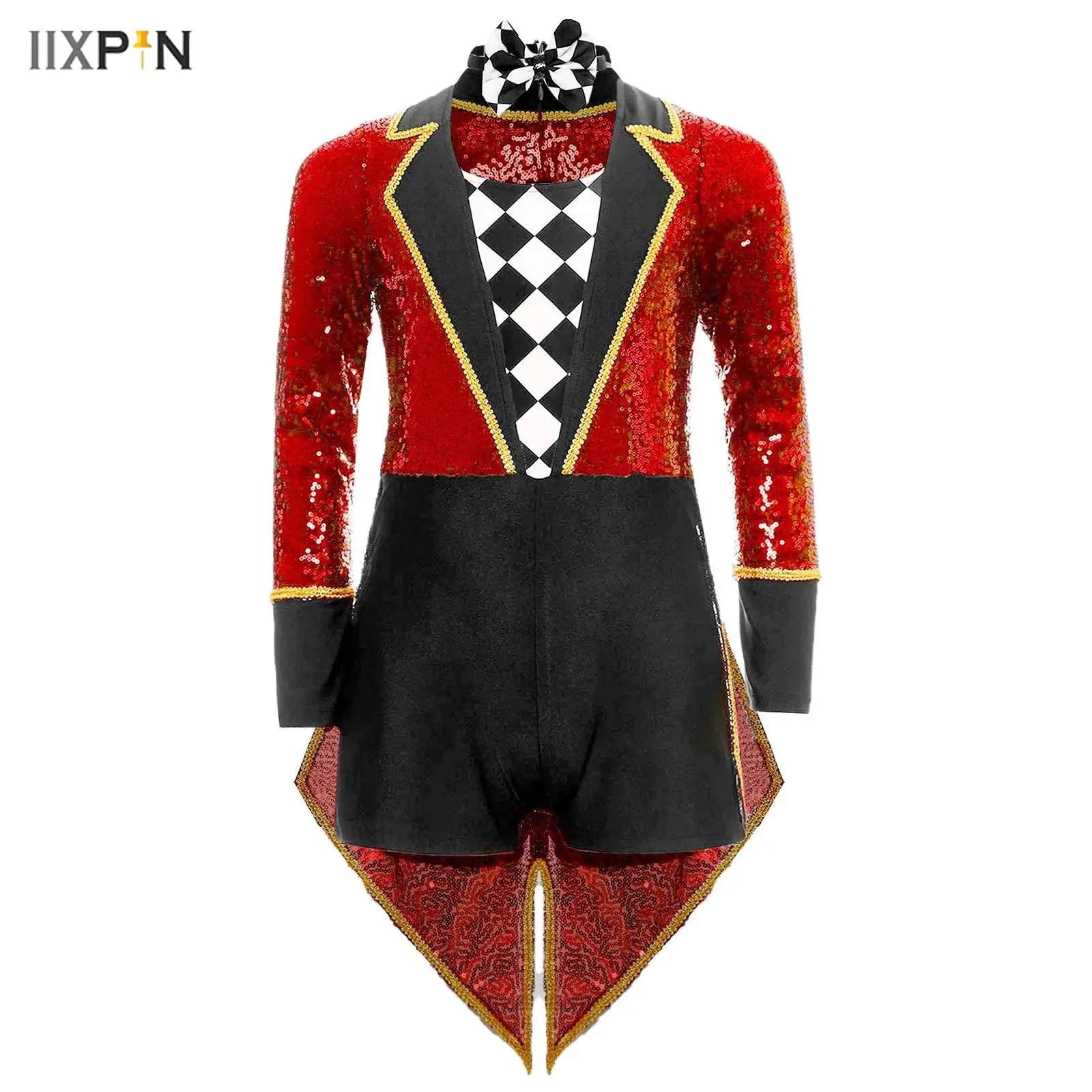 

Unisex Girls Boys Halloween Circus Costume Magician Cosplay Suit Long Sleeve Sequins Checkerboard Tailcoat Bodysuit with Bow Tie