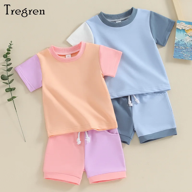 Tregren Toddler Girls Boys Shorts Sets Short Sleeve Crewneck Contrast Color Tops and Shorts Newborn Infant Baby Summer Clothes