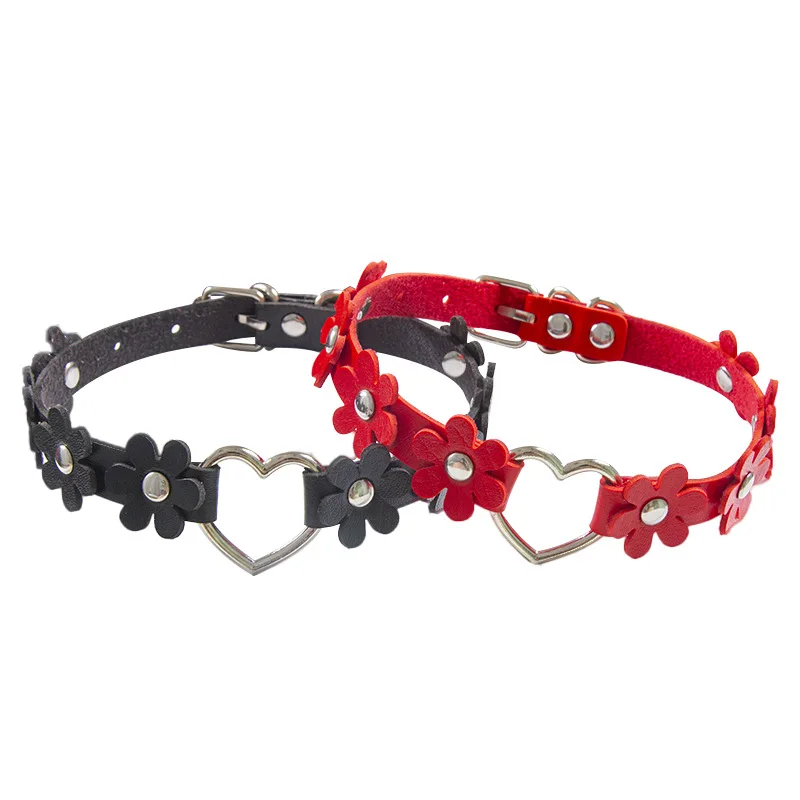 European and American explosion Harajuku punk style flower PU leather peach heart love collar choker neck strap col