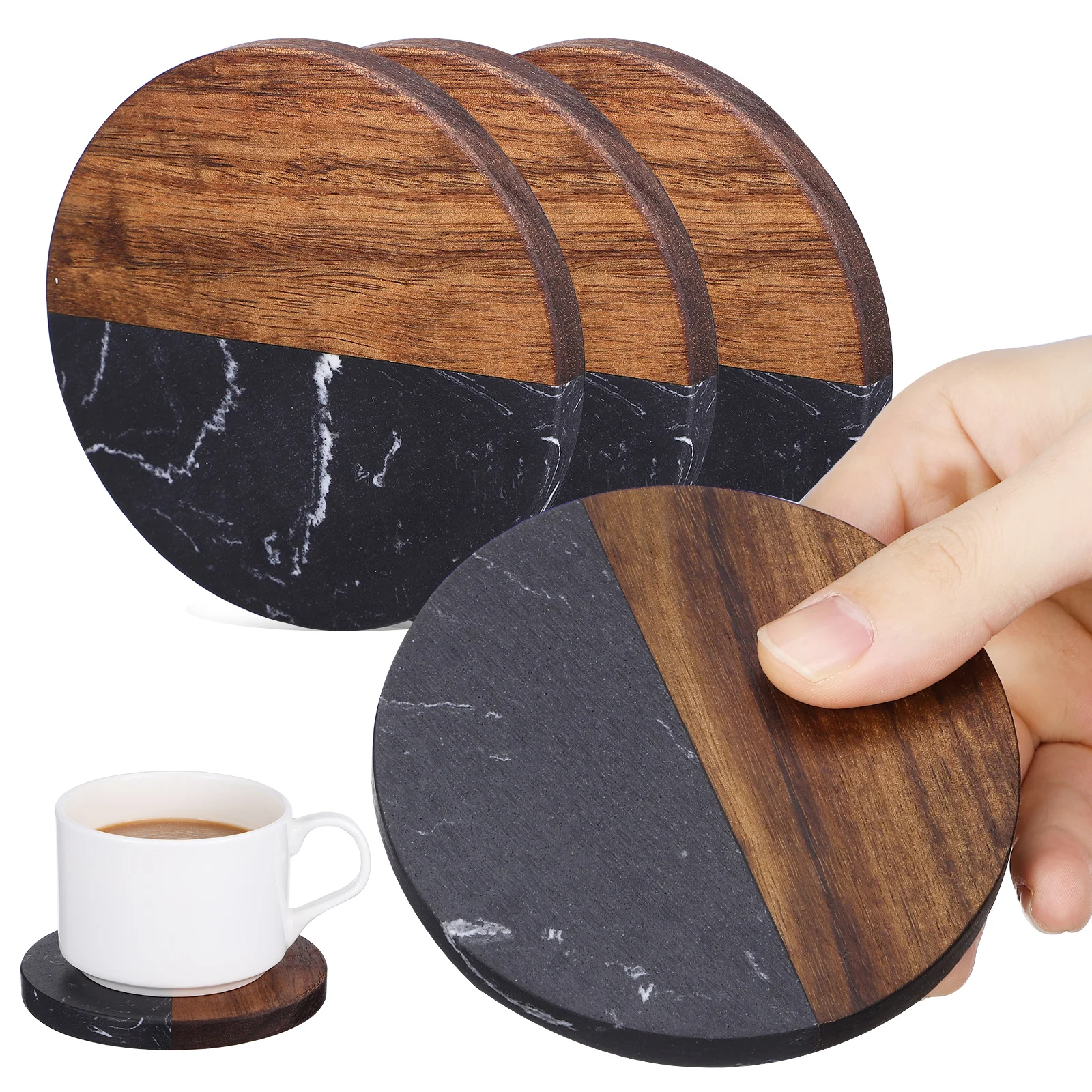 

4pcs Resin Coasters Set Half Marble Half Wood Heat Insulation Non-Slip For Home Coffee Table Decor Round Drink Coasters