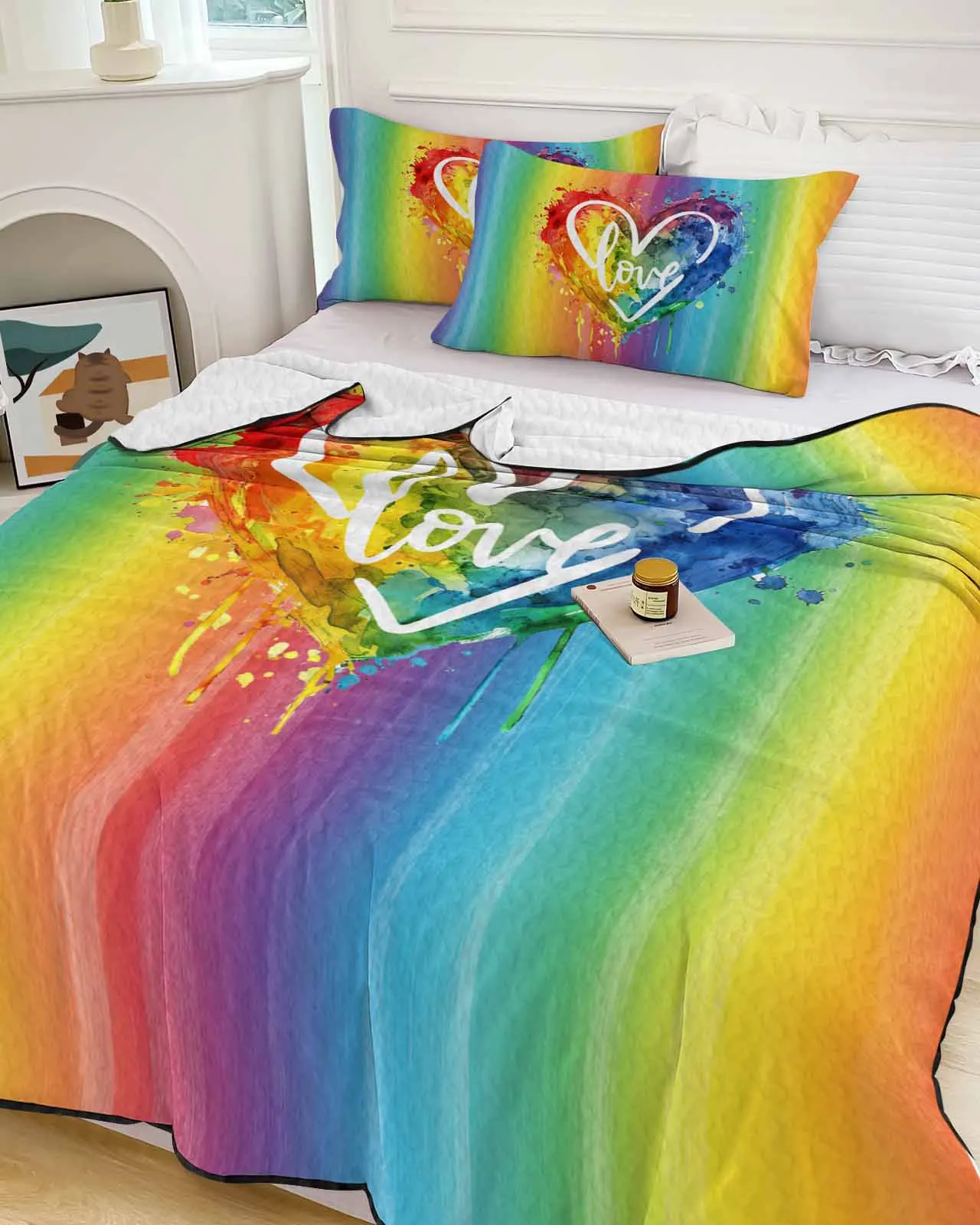 Rainbow Watercolor Gradient Love Heart Summer Cooling Quilt Air Condition Blanket Comfortable Lightweight Bedroom Thin Quilt