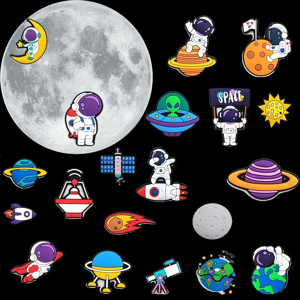 20pc Shoe Charms Astronaut Outer Space Badge Sandals Decoration Charms Kids Clogs Accessories Boy Pins X-mas Gifts