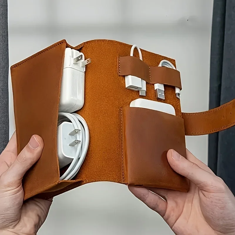 1 قطعة منظم متعدد المقصورات من جلد البولي يوريثان-حافظة ملحقات مدرسية محمولة للتكنولوجيا للكابلات والشواحن والتقليم وتخزين السفر المتين