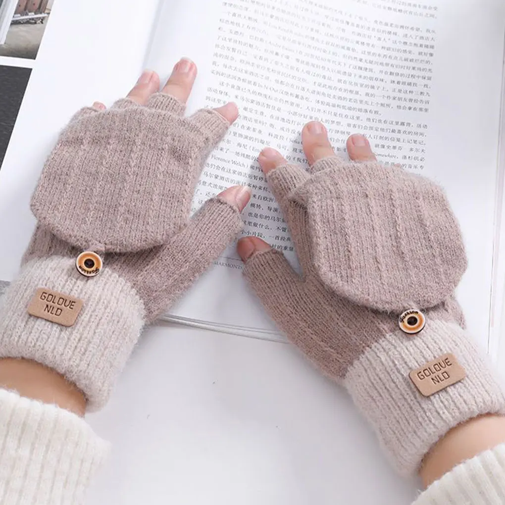 Autumn And Winter Knitted Men And Women Gloves Outdoor Windproof Warmth FingerlessFlip Cover All-match Woolen Gloves