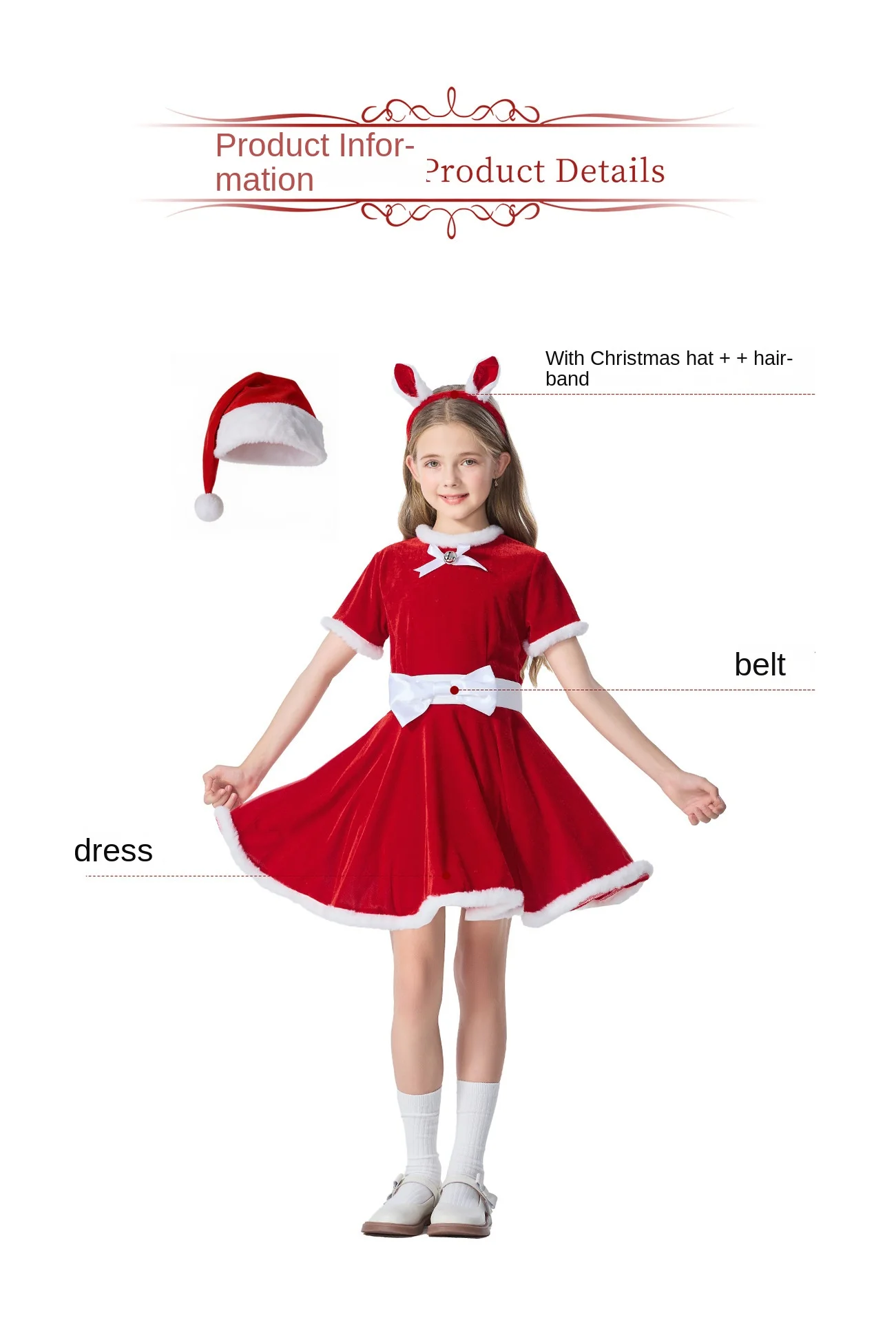 Niedliches Weihnachtskleid-Set für kleine Kinder, bestehend aus einem weiß gefütterten Rock mit flauschigem, weißem Rand, einer weißen Schleife und einer passenden Weihnachtsmütze. – Detail 3