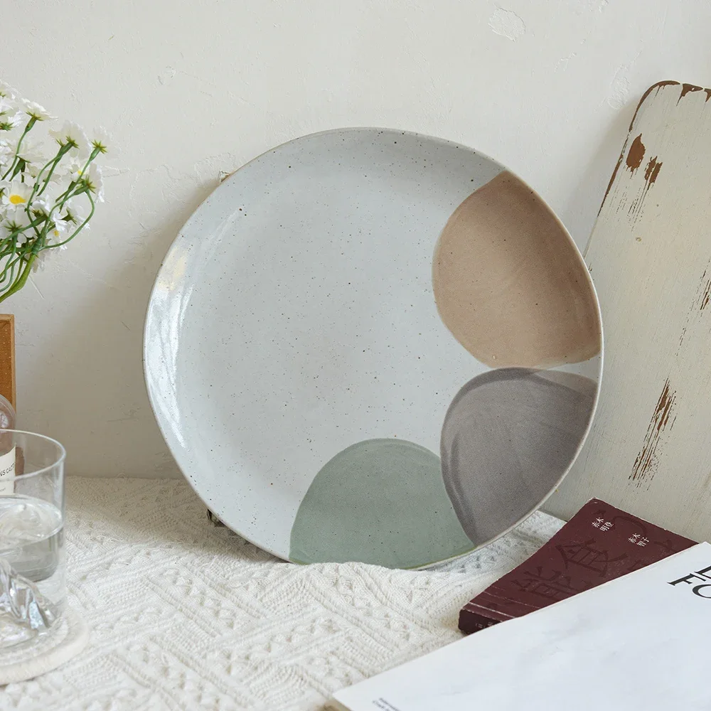 Hand Painted Japanese Style Ceramic Plate Round Flat Porcelain Household Tableware Steak Vegetable Pasta Plates Kitchen Supplies