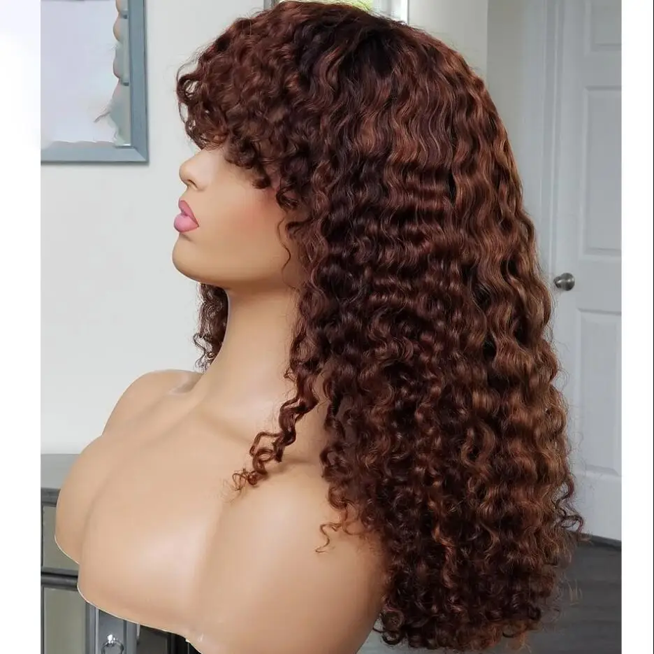 26 Long Machine Natural Brown Kinky Curly 180Density With Bangs For Women Babyhair Preplucked Heat Resistant Glueless Daily Wig