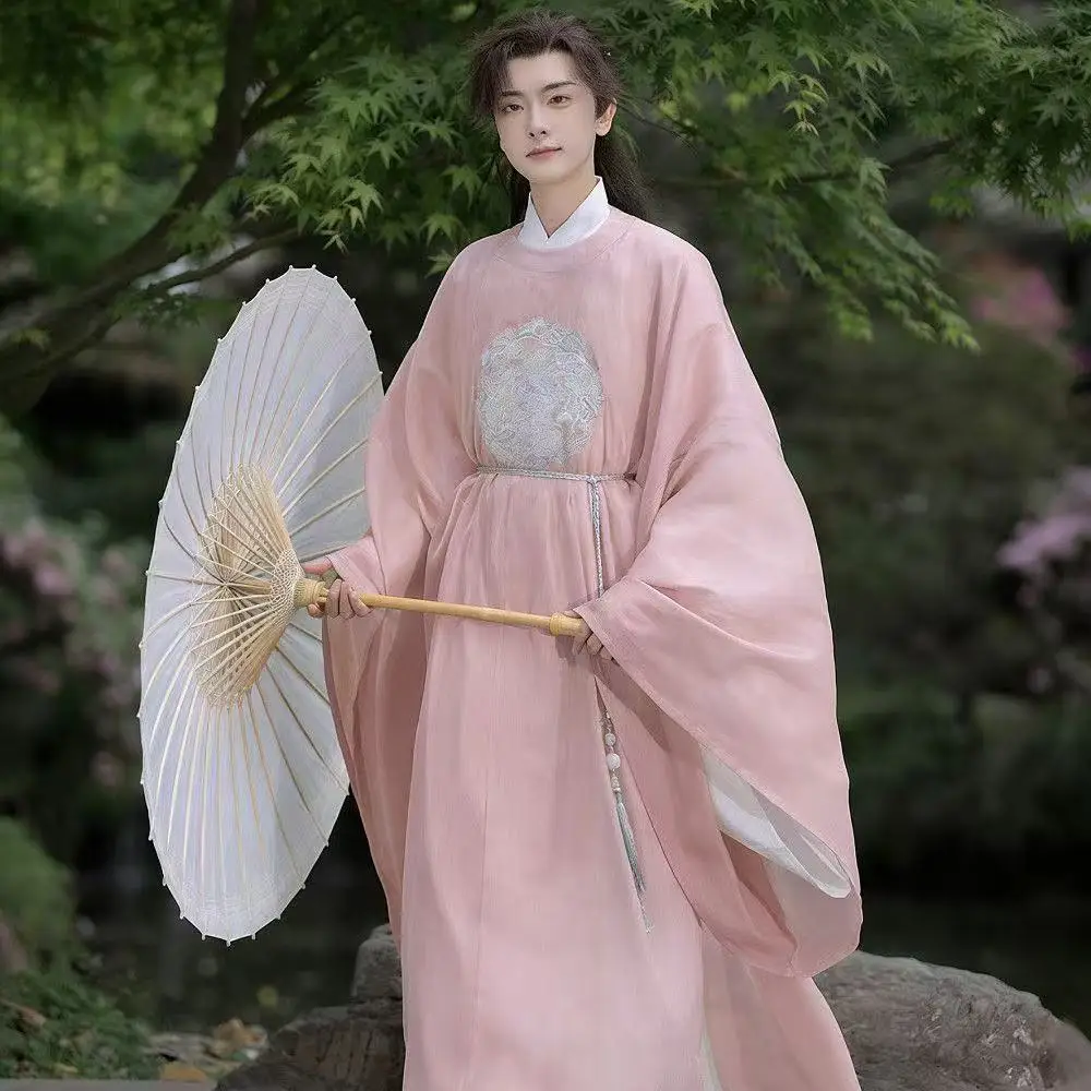 

Men's Pink Hanfu Traditional Chinese Embroidery Clothing Tang Dynasty Round Neck Robe Halloween Fairy Wuxia Cosplay Costume COS