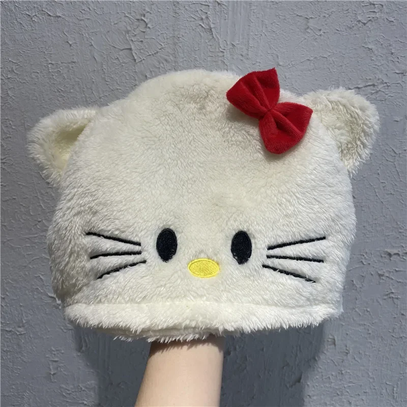 Hello Kitty Plush Hat Winter Women Furry Bucket Hat Kawaii Warm Thickened Brimless Cap Female Beanie Plush Skull Panama Cap Gift