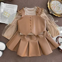 Girls Set Autumn 2024 New Fashionable Little Girl Vest Skirt Lace T-shirt Cute and Sweet Three-Piece Set