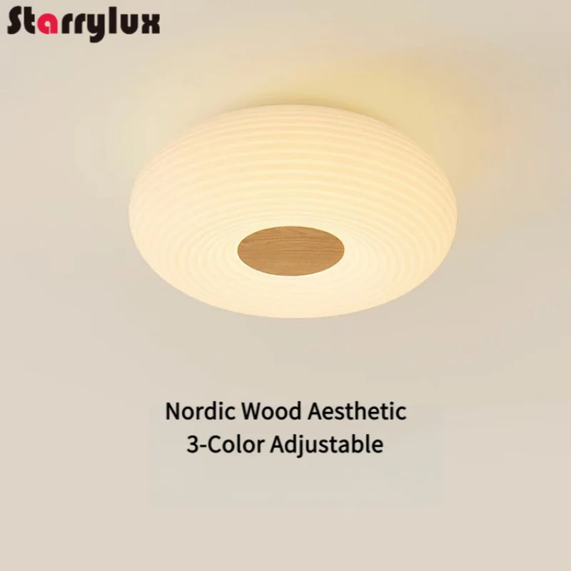

Nordic Wood Grain Ceiling Light, 3-Color LED for Bedroom/Living Room, 10-15㎡, PE Rotational Molded Shade, Wood Frame, ≥95 CRI,3