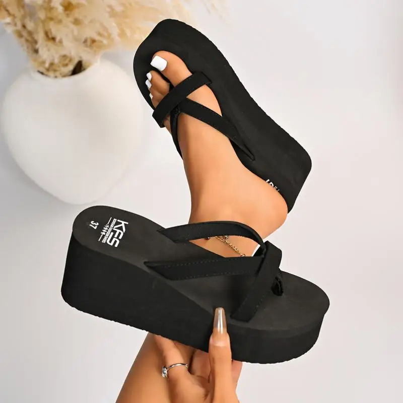 Damen Schwarze Schlichte Chunky Plateau-Flip-Flops Sommer 2026 Zehensteg-Slipper mit Keilabsatz Bequeme Leichte Sandalen für Frauen – Detail 3