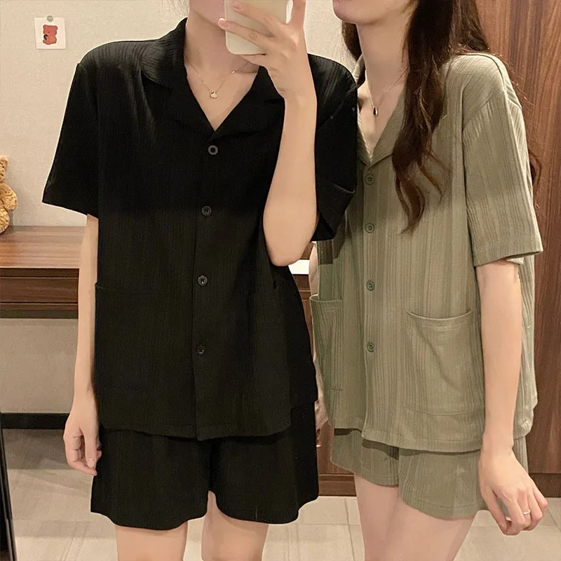 Summer New Couple Pajamas For Men Women Casual Simple Thin Short Sleeves Shorts 2Pcs Home Sleepwear Cardigan Oversized Nightgown