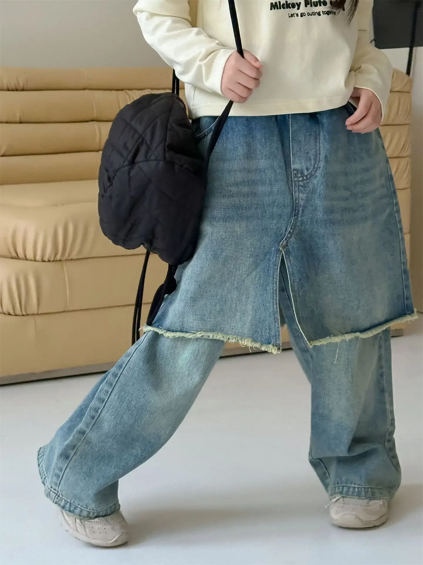 Pantaloni per ragazze 2024 autunno nuovi vestiti per bambini stile coreano ragazze bambino stile straniero falso due Jeans Casual semplice tutto-fiammifero