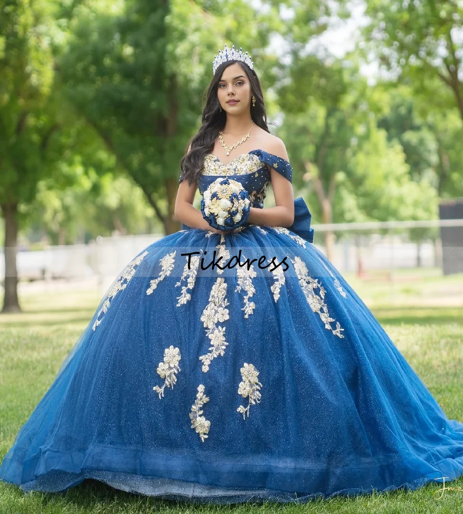 

Синее бальное платье принцессы Vestidos De 15, расшитое бисером, золотое кружево, милое платье 16, пышное платье на день рождения, вечерние платья по индивидуальному заказу