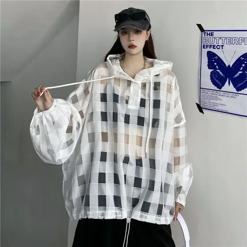 Hollow Out Thin Loose Street Casual Blouse Summer New Long Sleeve Solid Plaid Trend Shirt Tops Fashion High Street Women Clothes