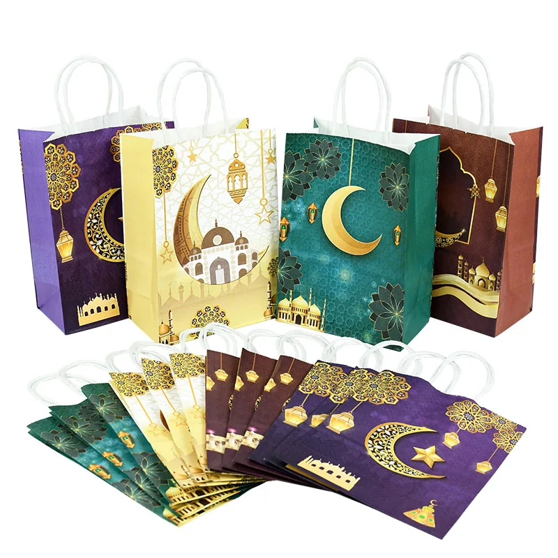 4Pcs Eid Mubarak Gift Bags Kraft Paper Cookies Candy Packaging Bag Ramadan Kareem Decoration Slamic Muslim Party Decor Supplies