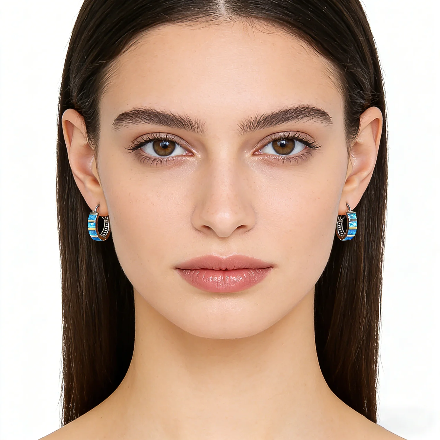 New Blue Opal Stripe Earrings Unique Design Round Minimalist Fashion Jewelry for Women  Perfect for Anniversary and Couple Gifts