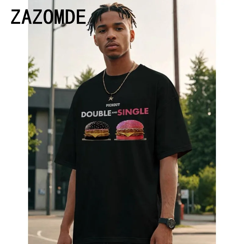 ZAZOMDE Summer Fashion Heavyweight Retro Men's Burger 100% Cotton Printed Round Neck High Quality Casual Fitness Street T-shirt