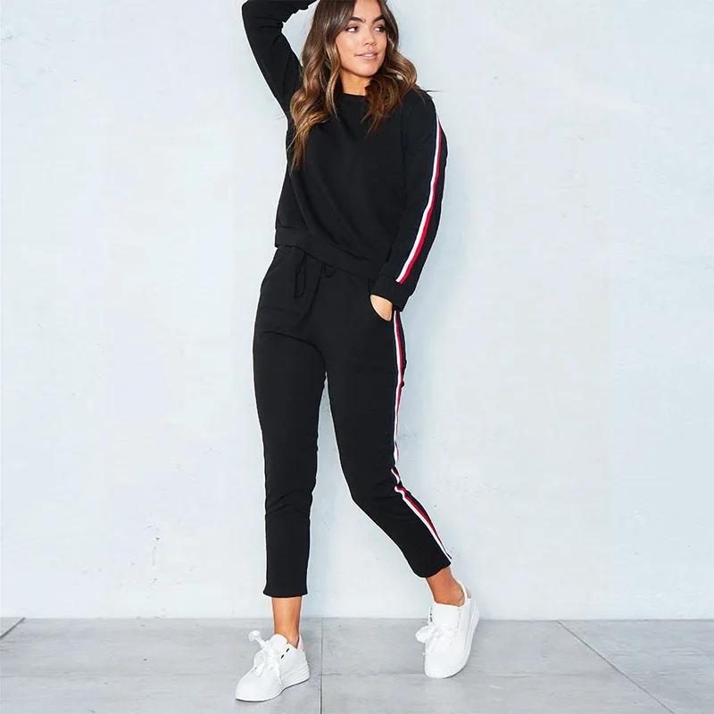 New fashion Ladies Spring and Autumn Sports Striped Two-Piece Striped Hoodie Sweatshirt Pants Suit Sports Casual Wear