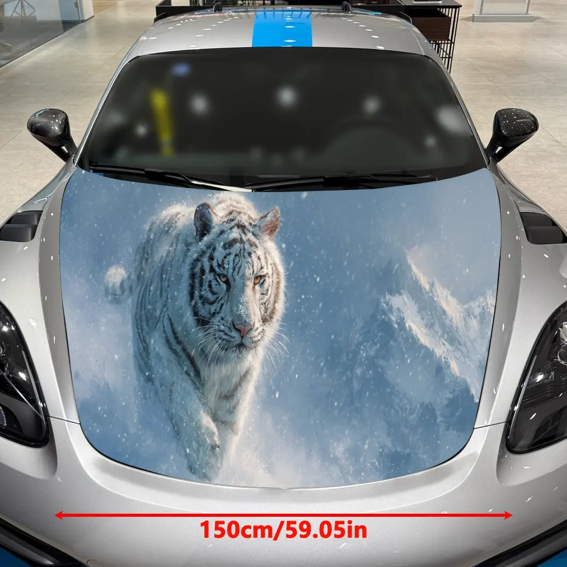 Snow Tiger Brave Exploration Charm PVC Car Hood Wraps, Self-Adhesive Waterproof Car Bonnet Decal Sticker, Car Decoration Protect
