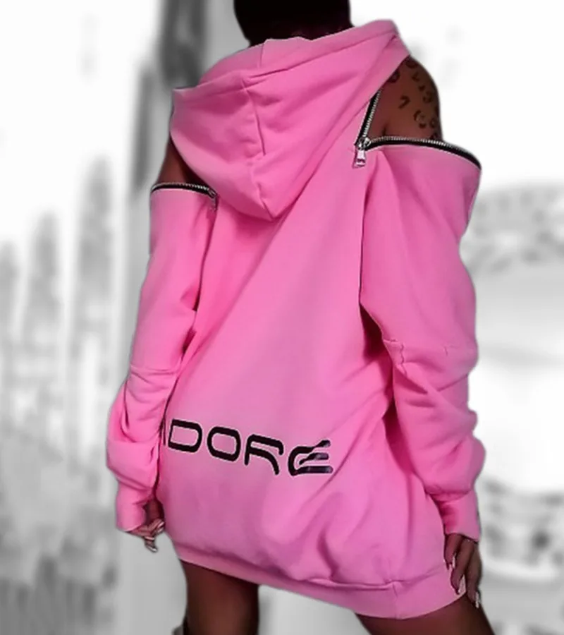 Krisnanas Women's Pink Hoodie Coat Y2K Stylish Off-The-Shoulder Print Hollow Long Sleeves Streetwear Women's Clothing 89431