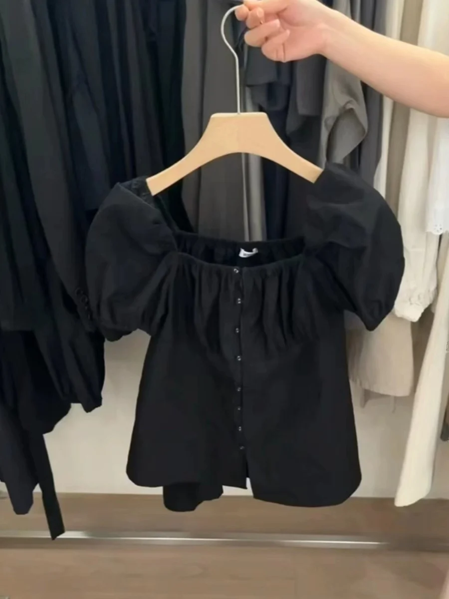 

High-End Women's Bubble Sve irt Square Collar ort Doll Sle Versatile Summer Faionable Silk Top for Young Women