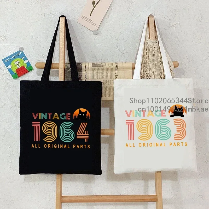 Canvas Tote Bag Vintage Birthday Year 1960-1969 Print Shopping Bag Women Men Casual Fashion Years Black Cat Side Bag for Ladies