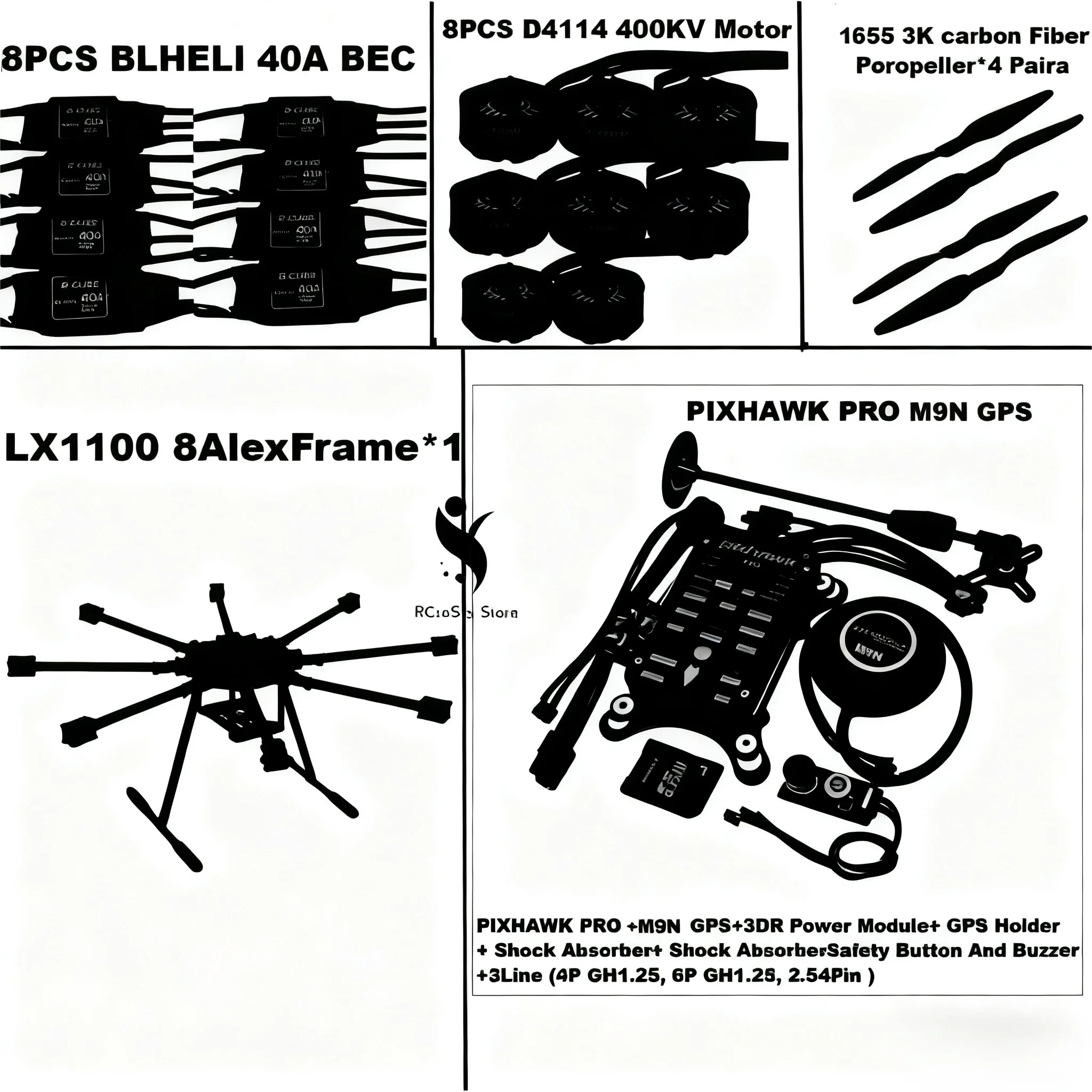 

Angeltoy LX1100 Полностью карбоновое волокно, 1100 мм, восьмироторная рама BLHELI 40A ESC PX4 Pixhawk PRO M9N Flight Comtrol Set D4114 Motor