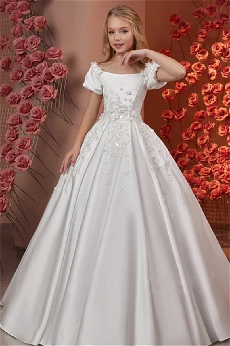 Customized White Flower Girl Dress For Wedding Appliques Glitter Short Sleeve Floor Length Kids Birthday First Communion Gown