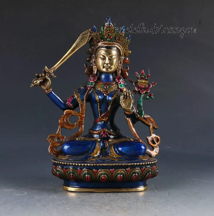 Chinese Cloisonne Brass Tibetan Buddhist Bodhisattva Manjusri Buddha Statue