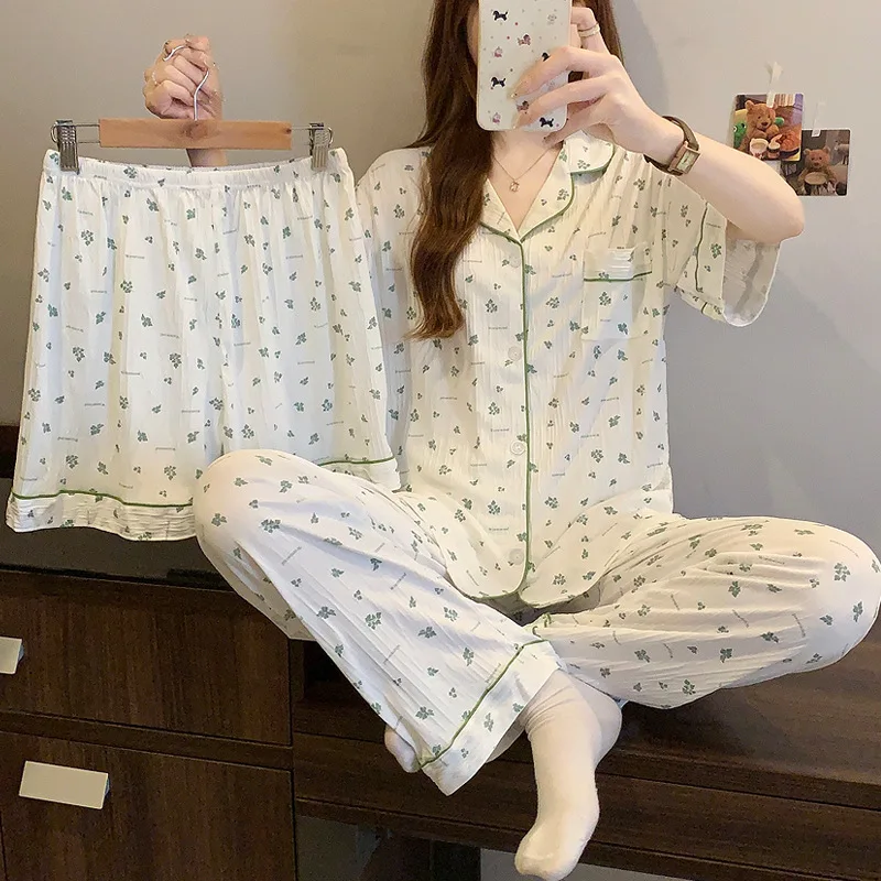 

Teenage Girl Summer Sweet Floral Senior Pajamas Female Small Fresh Thin Wrinkled Cloth Home Wear Short-Sleeved Three-Piece Set