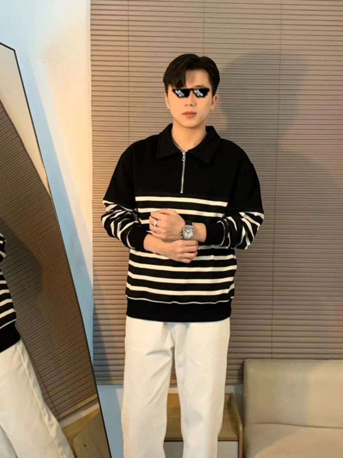 

Мужской вязаный свитер с воротником на молнии до середины груди, в полоску, в стиле пэчворк, винтажный, в расслабленном стиле, с эффектом высококачественного трикотажа