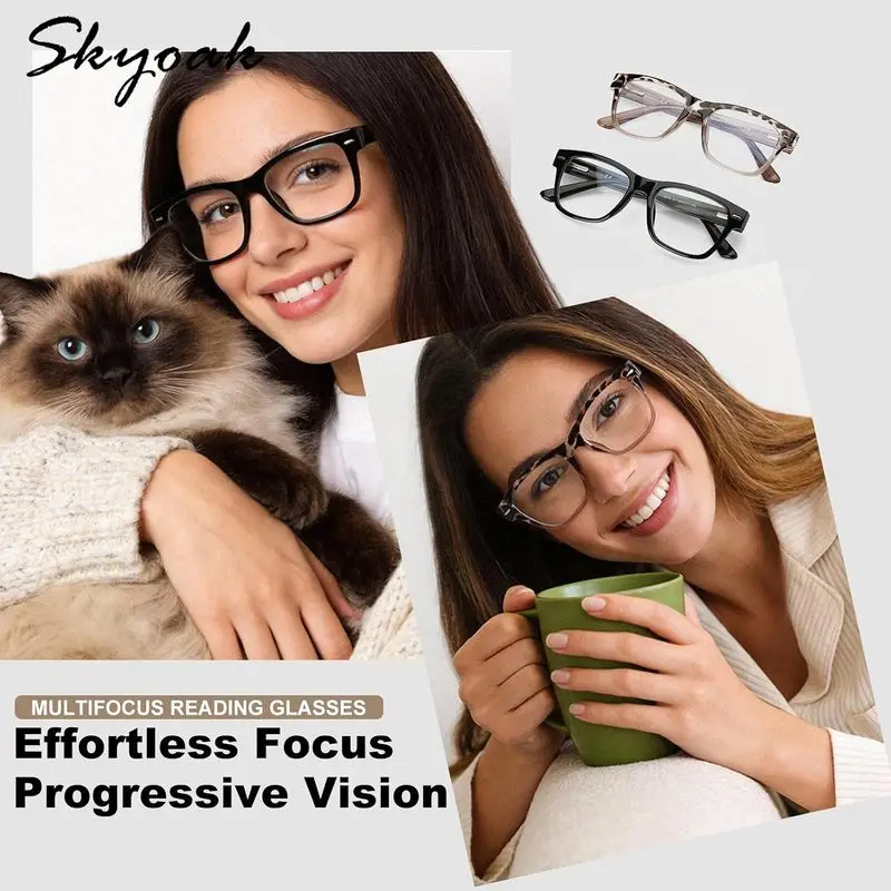 SKYOAK 2 Pack Trendy Progressive Reading Glasses for Women, Retro Rectangle Multifocal UV Computer Readers with Spring Hinges