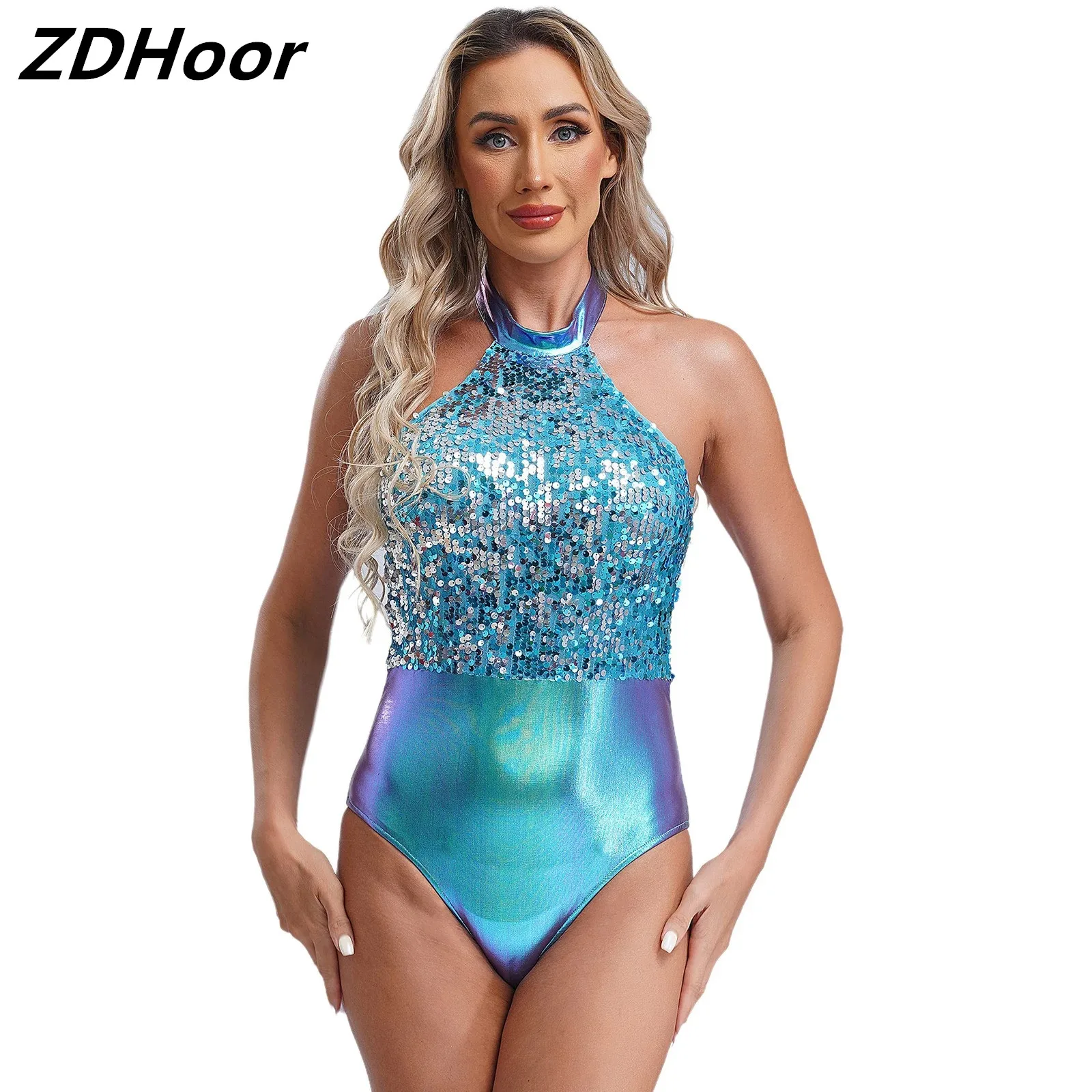 

Womens Sequins Ballet Leotard Metallic Bodysuit Halter Backless Sleeveless Leotard for Party Club Dance Stage Performance