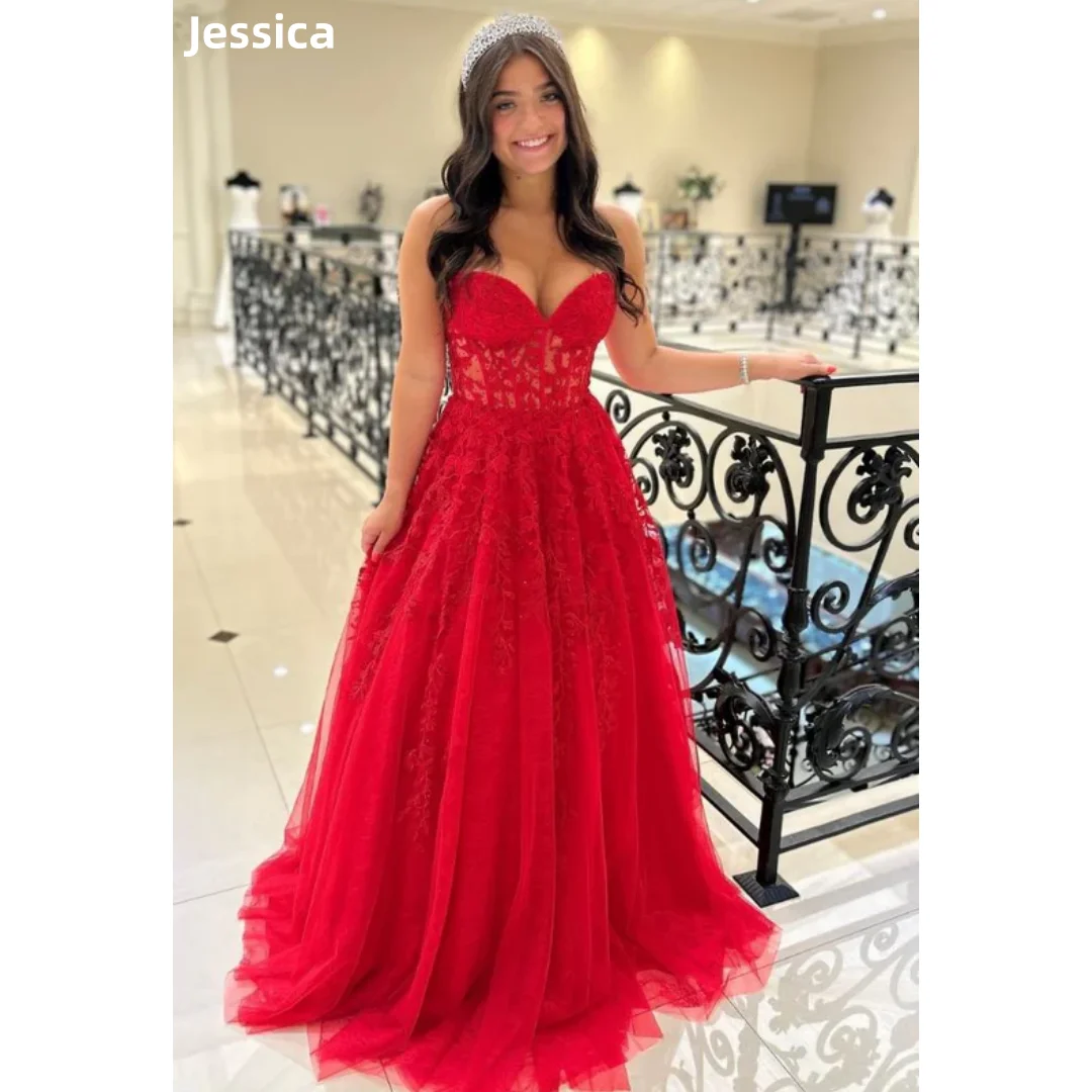 

Jessica Sweetheart Red Prom Dresses Embroidered Tulle Bride Elegant Evening Dresses A-shape Cocktail Dresses Vestidos De Fiesta
