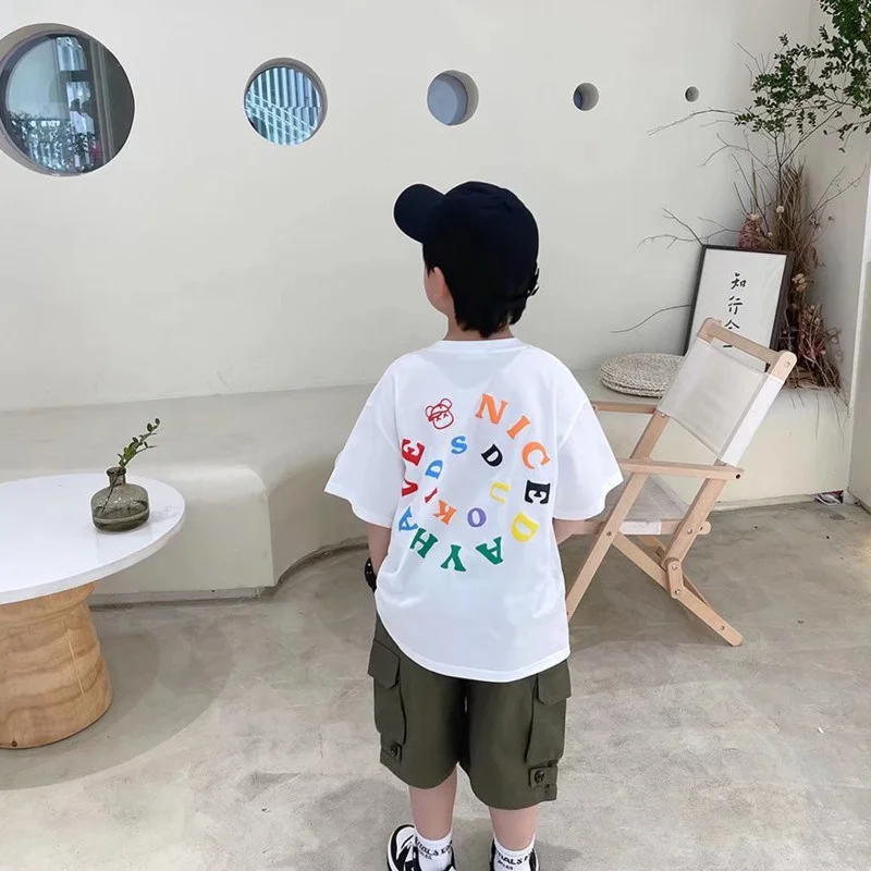 T-shirt Summer Casual Boy Popular Ins Children's Clothing Simple Round Neck Five-point Sleeve Temperament New Straight Type