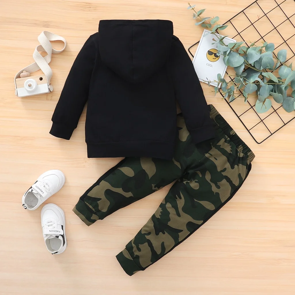 1-5Y Kids Boy Clothing Suit Letter Print Long Sleeves Hoodie Top + Camouflage Pants 2Pcs Set Children Boy Fashion Clothes Outfit